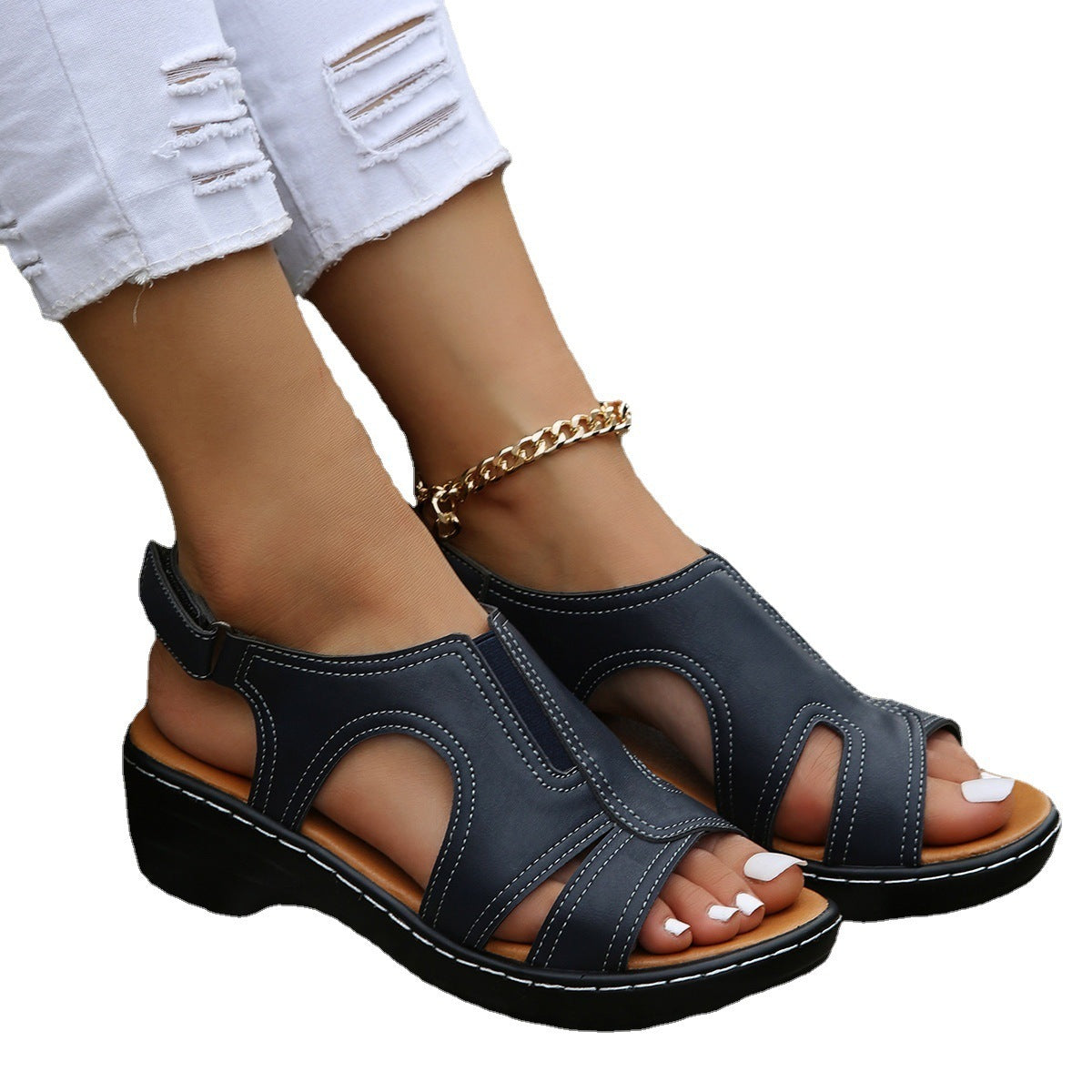 Women's Velcro Cutout Chunky Sole Large Open Toe Sandals